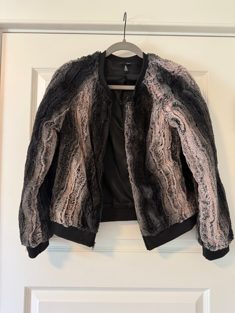 Aqua Faux Fur Bomber Jacket - Black and Gray